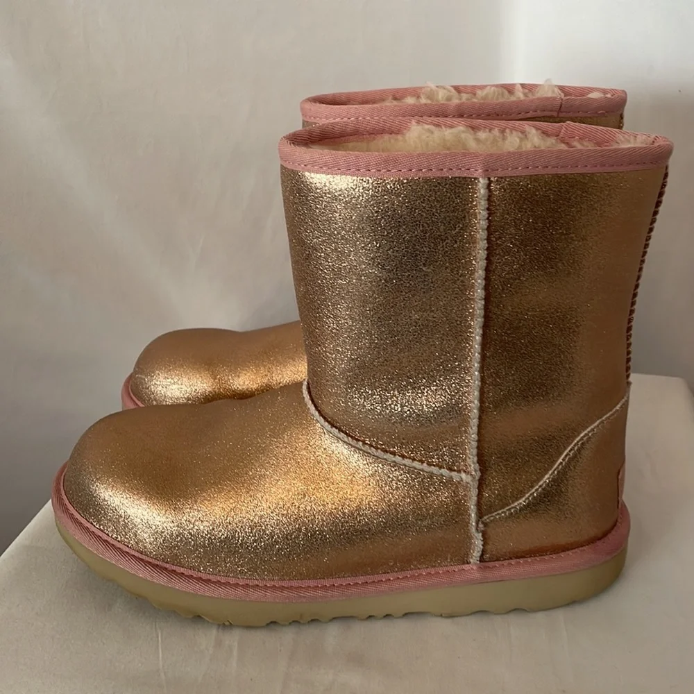 UGG boots size 6 metallic rose gold trimmed in pink with tan soles